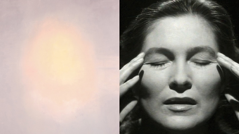 Top: Luc Tuymans, Candle, 2017, Oil on canvas, 134,6 x 108,5 cm, Courtesy: Private collection; right: Edith Clever in: Die Nacht, 1985, a film by Hans Jürgen Syberberg. 35 mm-Film, Colour and Black & White, 367 min. Courtesy: Syberberg Clever Monologe, film@syberberg.de