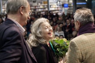 Klaus Staeck, Hanna Schygulla, Dieter Kosslick, Ausstellungseröffnung 2014, Foto: Amelie Losier