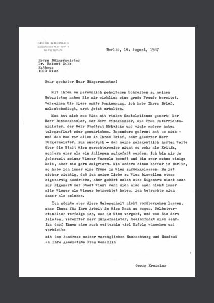 Brief von Georg Kreisler an Helmut Zilk, 14. August 1987
