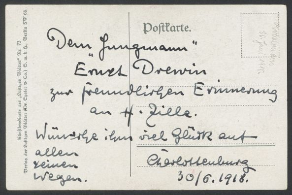 Rückseite der Künstler-Karte von Heinrich Zille an Ernst Drewin, 30. Juni 1918 