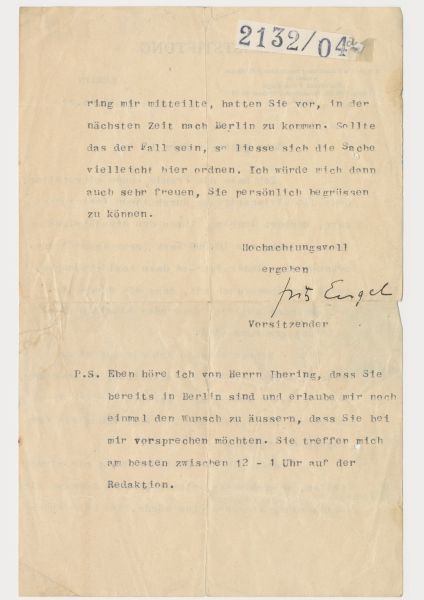 Kleiststiftung (Fritz Engel) an Bertolt Brecht, 10. November 1922